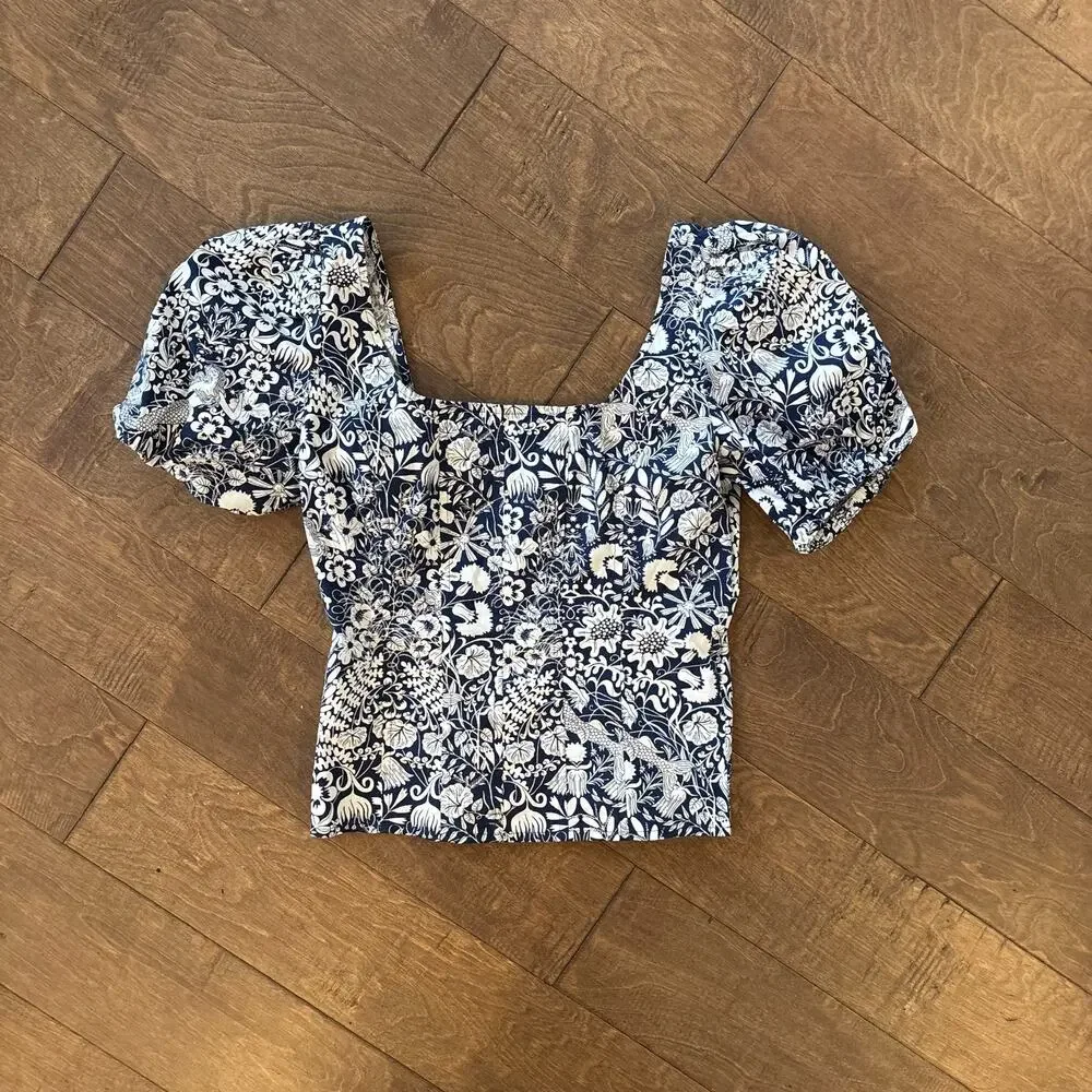 J Crew Top Womens 0 Puff Sleeve Navy White Toile Poplin Mermaid Floral